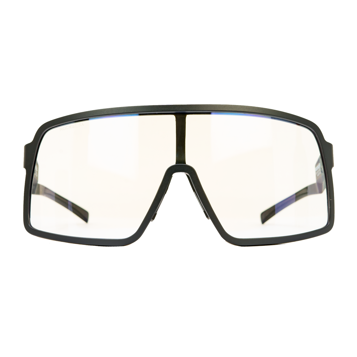 Black wraparound sports glasses with clear anti-reflective, oil-repellent lenses