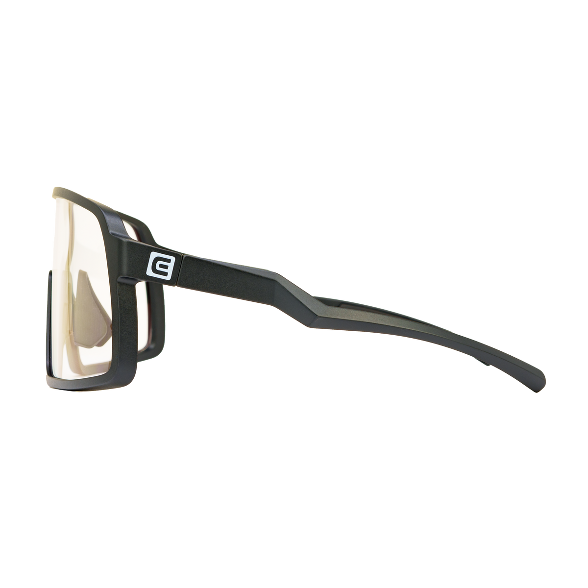 Black sport glasses with angular frame and clear lenses, anti-reflective coating