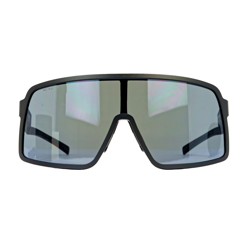 Black wrap sunglasses with mirrored grey lenses and keyhole bridge
