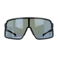Black wrap sunglasses with mirrored grey lenses and keyhole bridge
