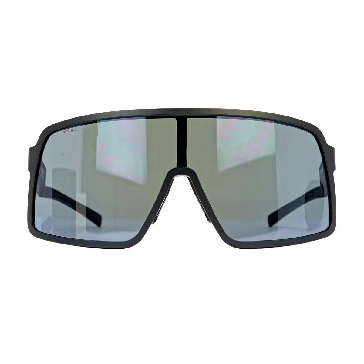 Black wrap sunglasses with mirrored grey lenses and keyhole bridge