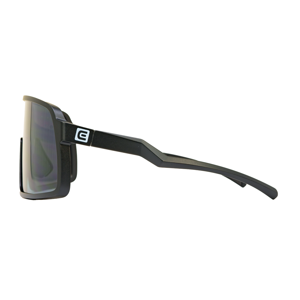 Black wrap sunglasses angled side view with mirrored lens and branded temple