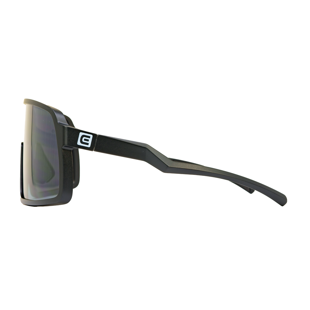 Black wrap sunglasses angled side view with mirrored lens and branded temple
