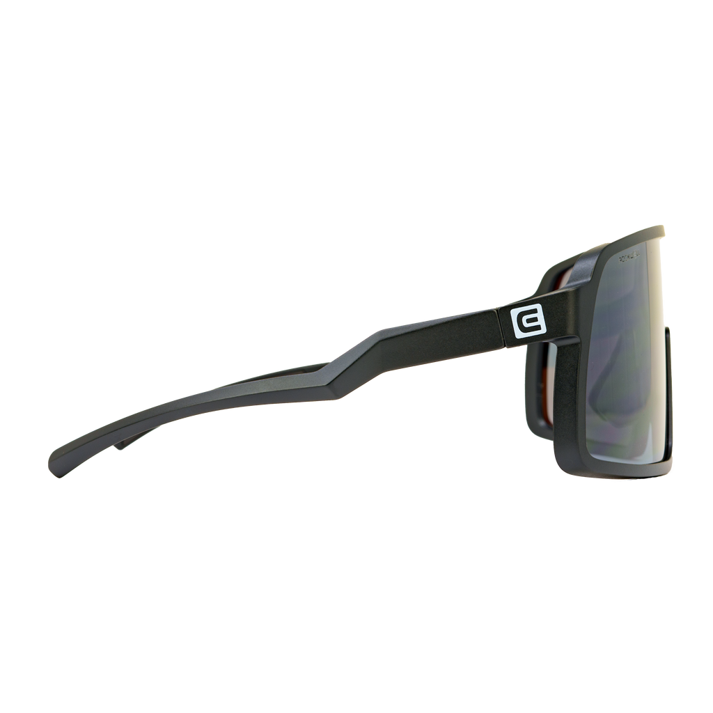 Black wrap sunglasses profile view with mirrored lens and slim arms