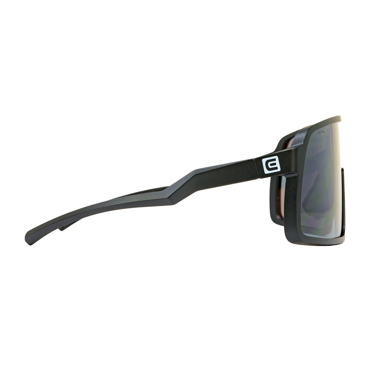 Black wrap sunglasses profile view with mirrored lens and slim arms