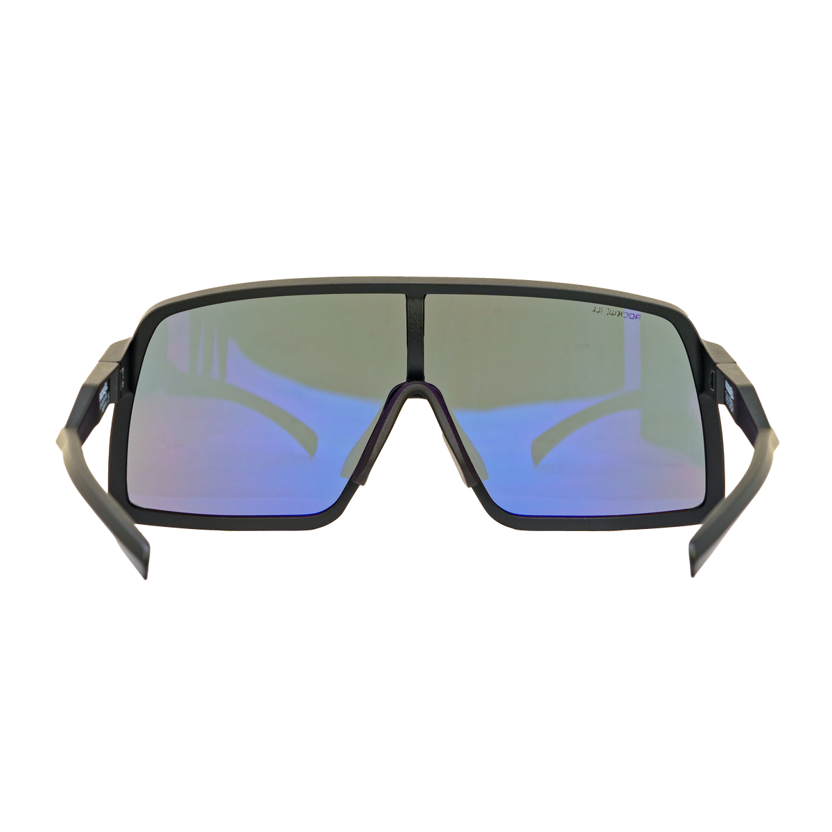 Black wrap sunglasses front view with mirrored blue-tinted lenses