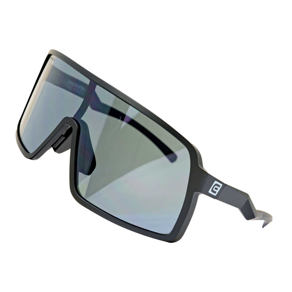 Black wrap sunglasses side view with mirrored grey lens and angular frame