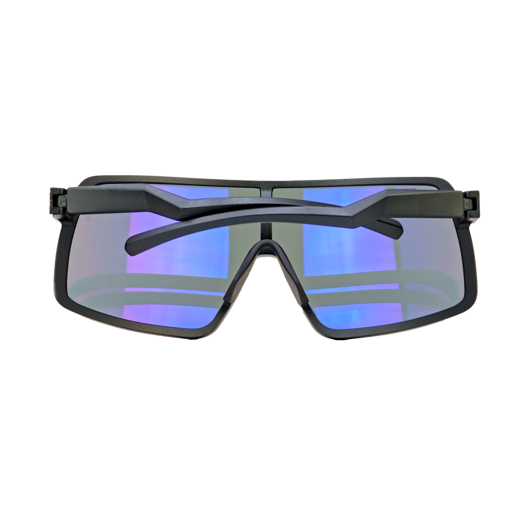 Black wrap sunglasses top view with mirrored blue gradient lenses