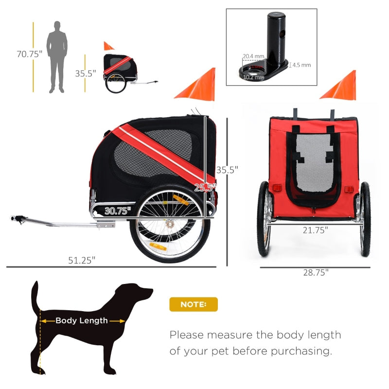 Red and black dog bike trailer size diagram with side view and measurements