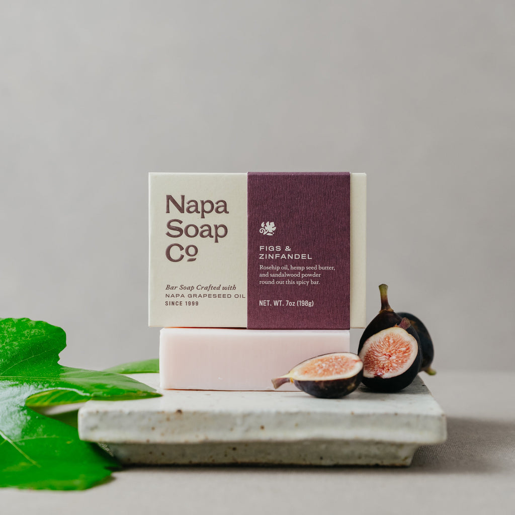 Figs & Zinfandel bar soap set with white bar and Napa Soap Co product box