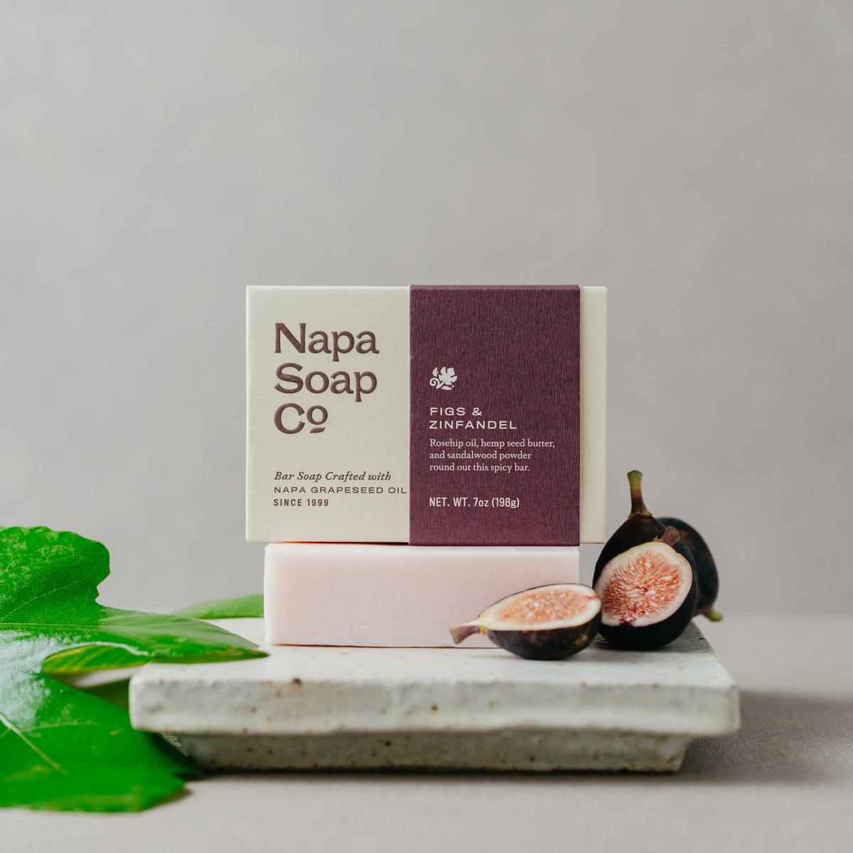 Figs & Zinfandel bar soap set with white bar and Napa Soap Co product box