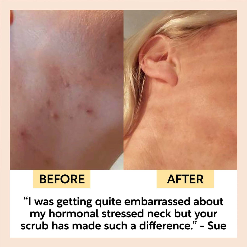 Face scrub before-and-after: visible skin with scrub residue on cheek and ear area