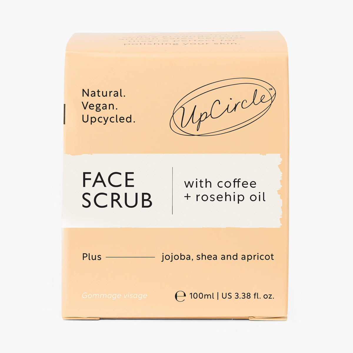 Face scrub box packaging, beige front with label text and coffee + rosehip oil