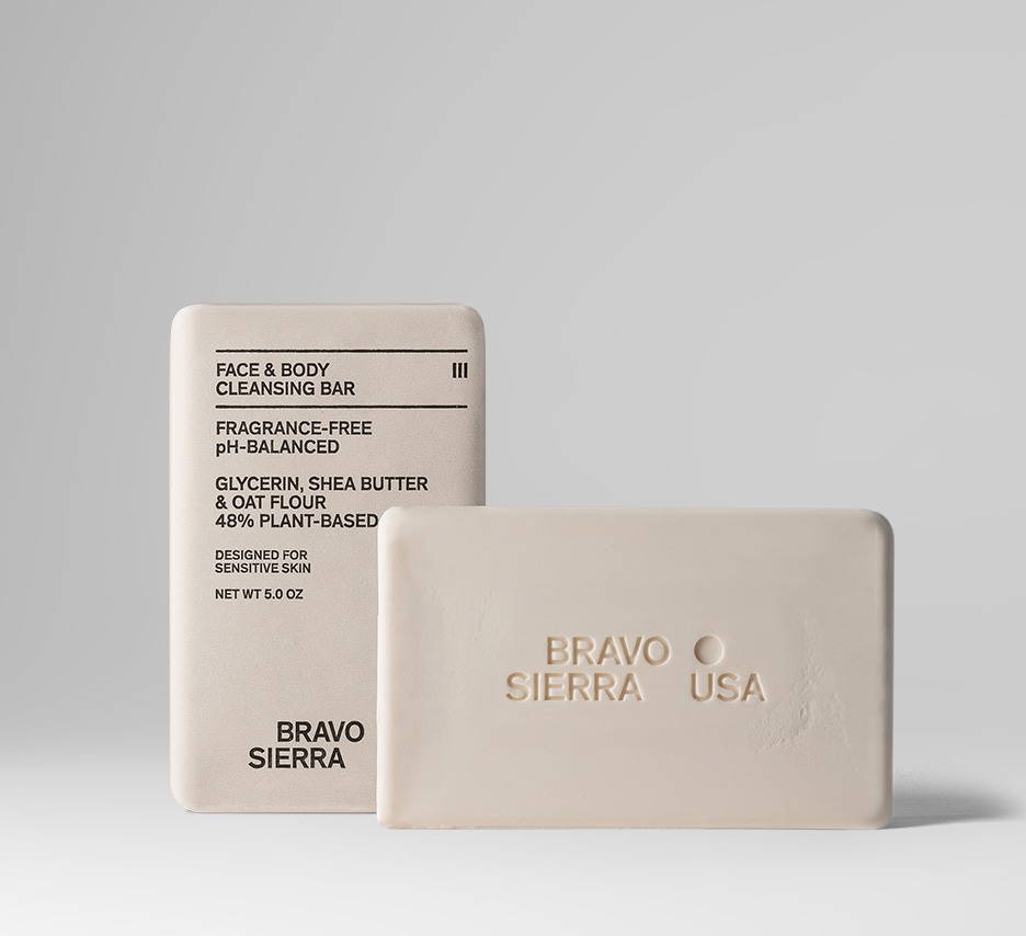 Face and body cleansing bar soap, two beige bars with Bravo Sierra branding