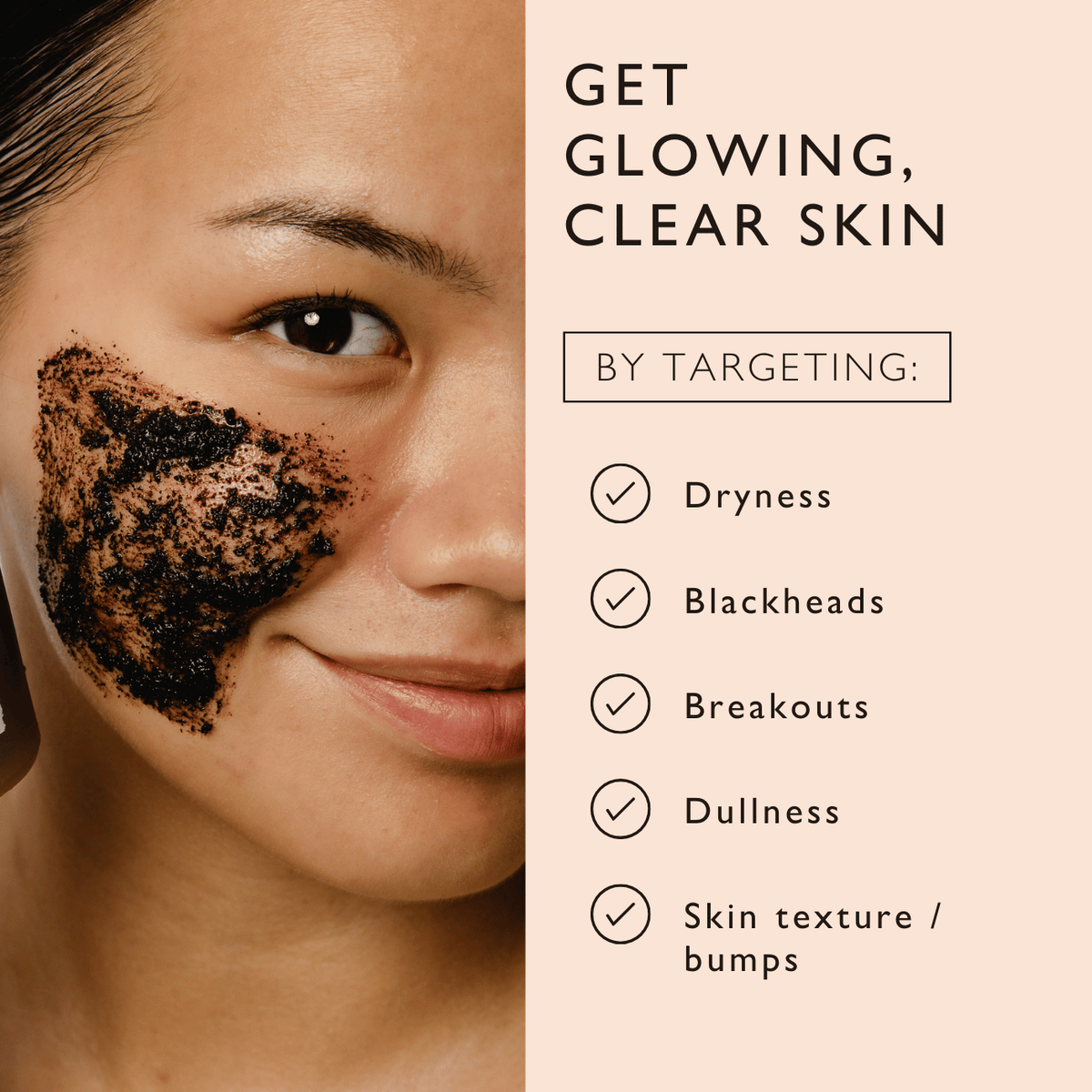 Woman applying dark face scrub to cheek and chin area with smooth skin visible
