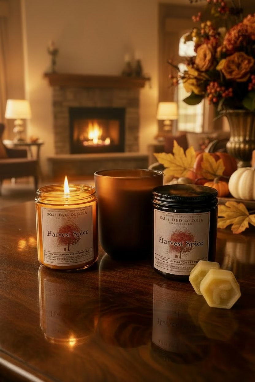 Lit amber glass candle with label, plus another jar and pale hex beeswax piece