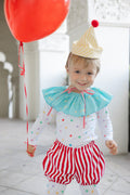 Kids clown costume: yellow striped hat, blue ruffled top, star leggings, red striped shorts