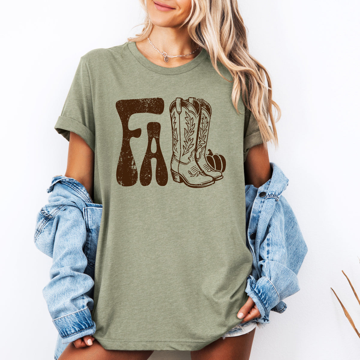 Sage green cowboy boots graphic T-shirt with front boot and leaf print