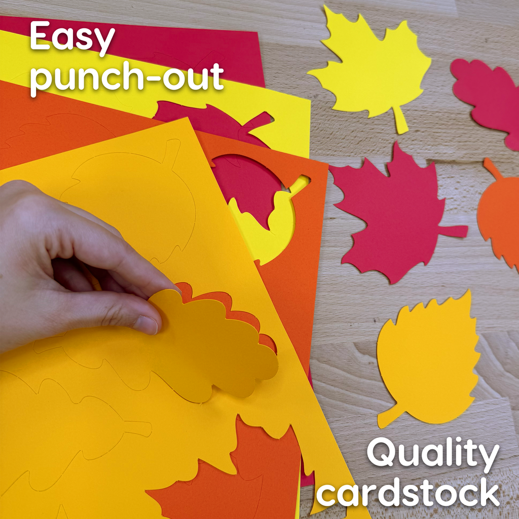 Colorful fall leaf punch-out sheets with multiple pre-cut leaves on cardstock