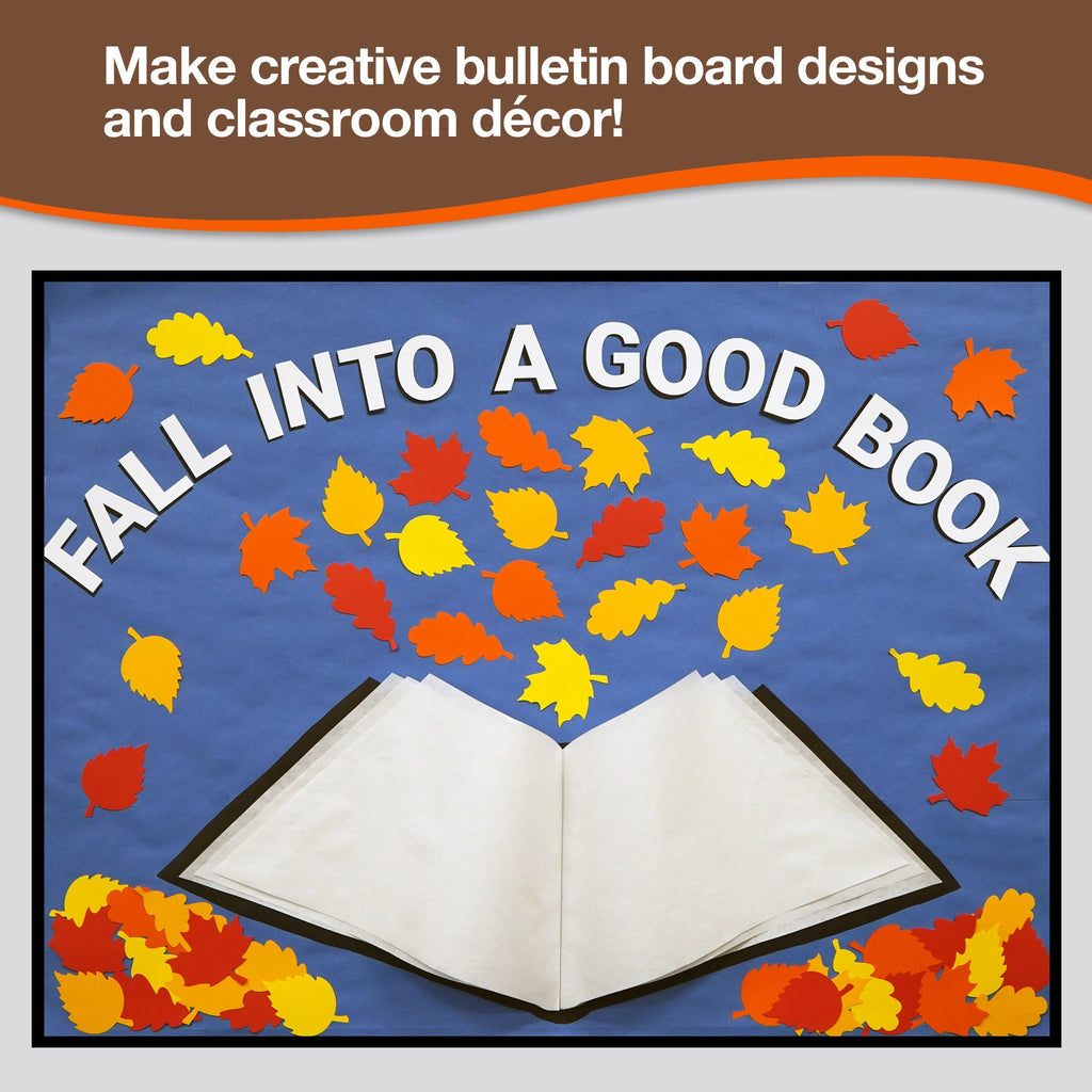 Fall leaf cutout decorations arranged around an open-book classroom display