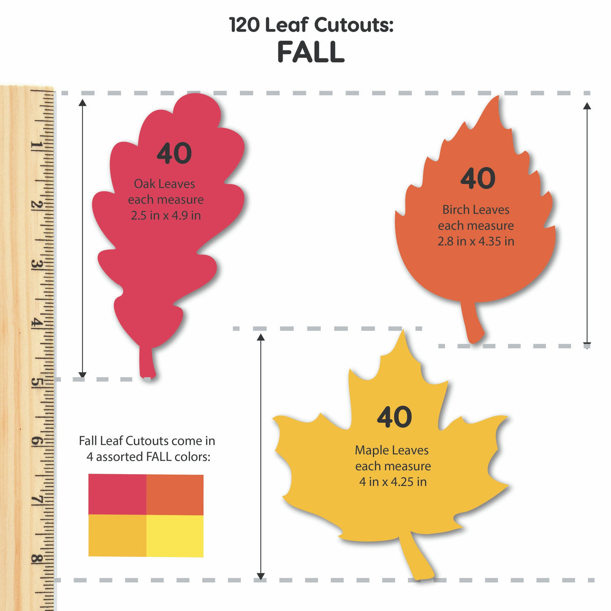 120 fall leaf cutouts with oak, birch and maple leaf shapes in different colors