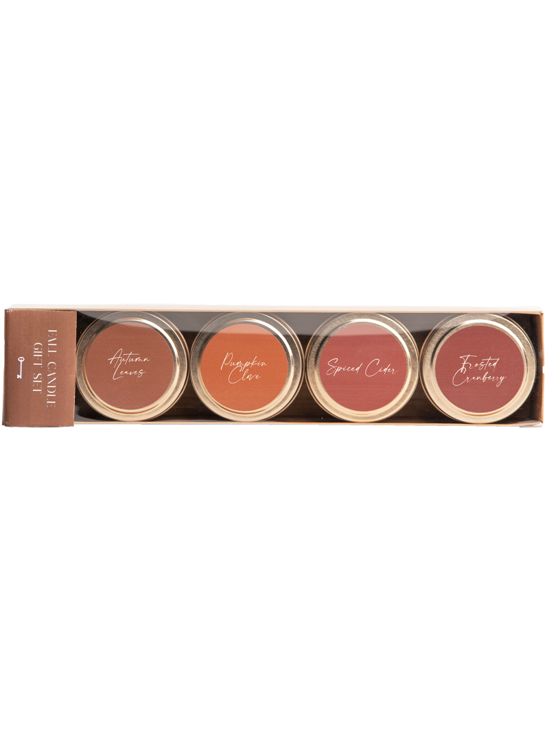Four candle tins in gift box: Autumn Leaves, Pumpkin Clove, Spiced Cider, Roasted Cranberry