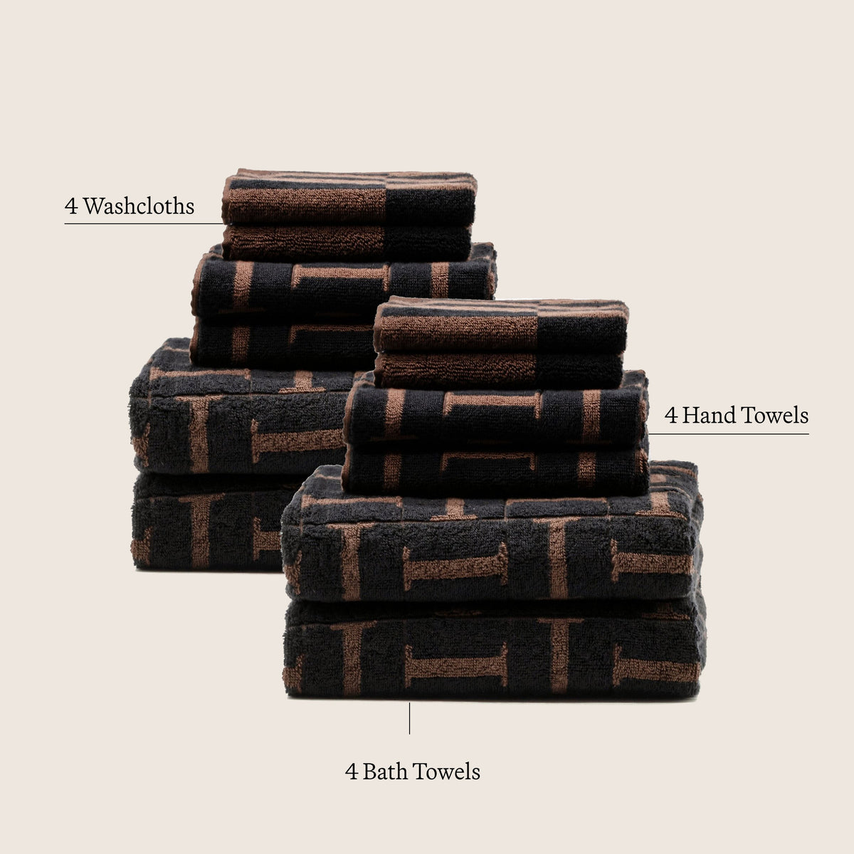 Towel set with 4 washcloths, 4 hand towels, and 4 bath towels in tobacco and black pattern