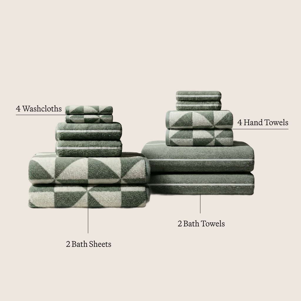 Sage green and ecru checkered towel set, stacked towels in multiple sizes