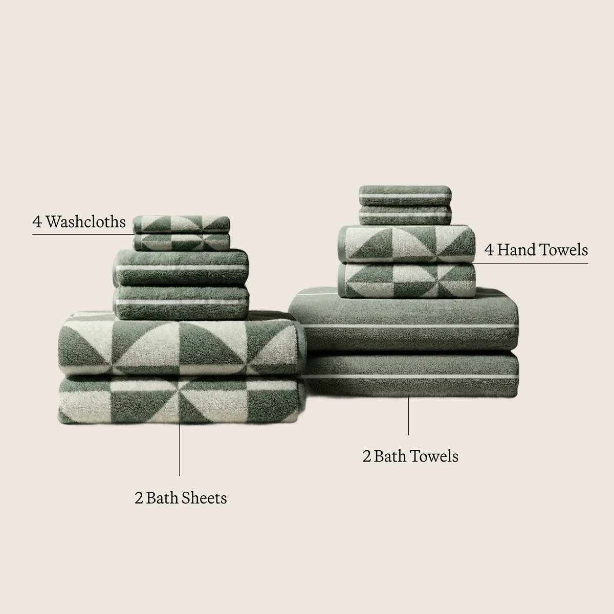 Sage green and ecru checkered towel set, stacked towels in multiple sizes