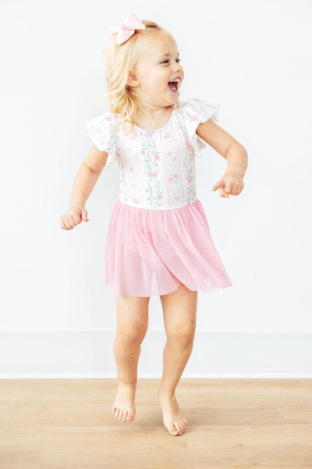 Girls floral leotard with short sleeves and pink tulle skirt, knee-length