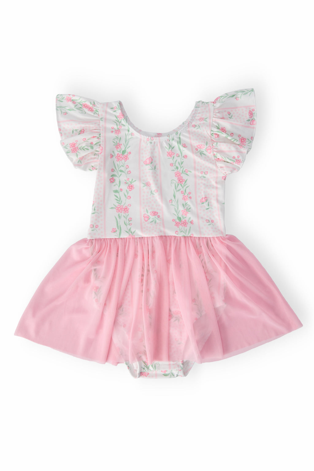 Girls short-sleeve floral twirl leotard with pink tulle skirt overlay