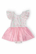 Girls short-sleeve floral twirl leotard with pink tulle skirt overlay