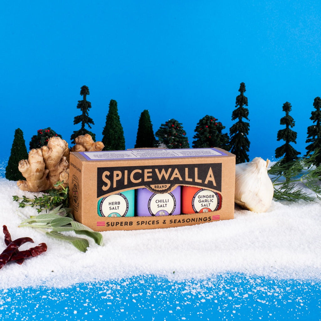 Spicewalla finishing salts gift box with herb, chilli, and ginger garlic salt tins