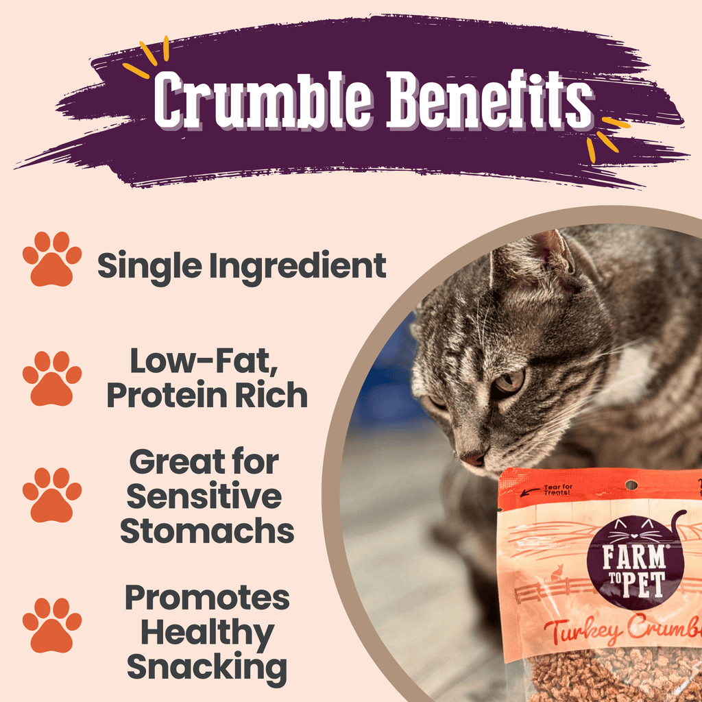 Turkey crumbles cat treat pouch next to a tabby cat for crumble benefits