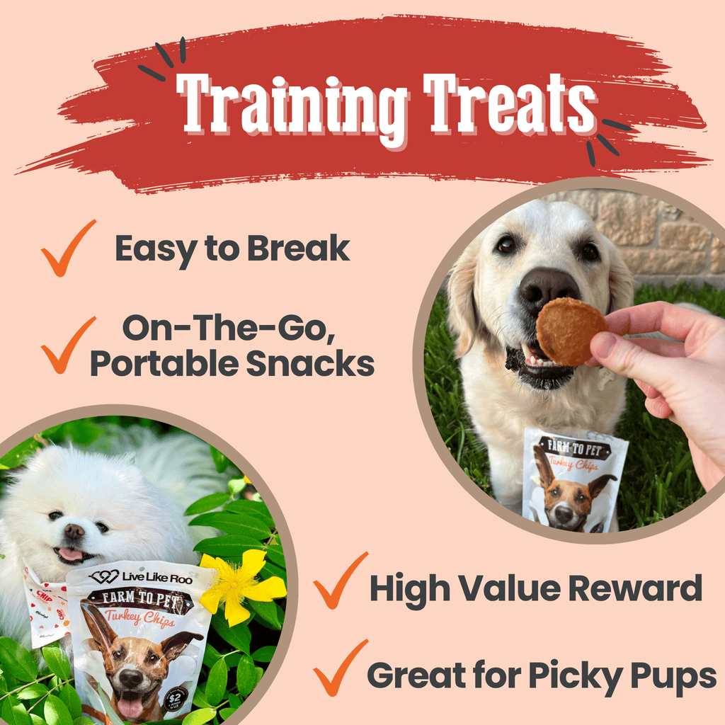 Training treats infographic with Farm to Pet Turkey Chips bag and dog holding a treat.