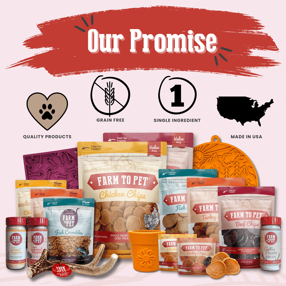 Full Farm to Pet dog treat starter pack assortment with snack bags, cans, and treats