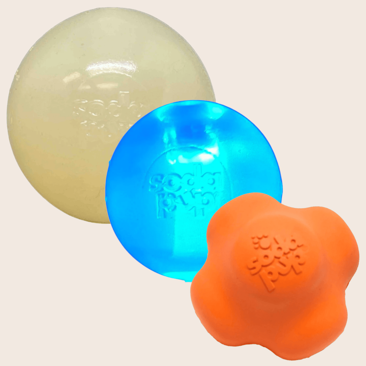 Translucent yellow-green dog fetch ball with embossed paw logo