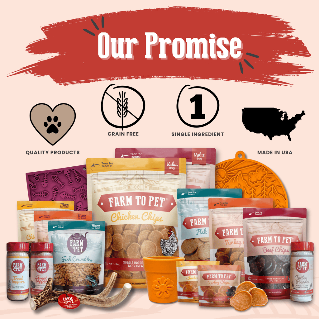 Farm to Pet Turkey Chips assortment display with multiple treat packages