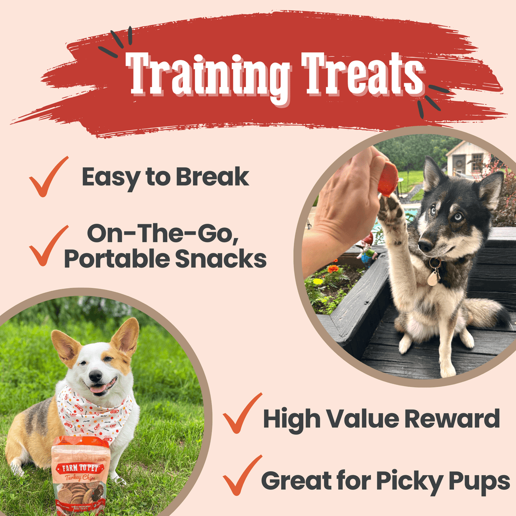 Farm to Pet Turkey Chips pouch shown with training treat infographic and dogs