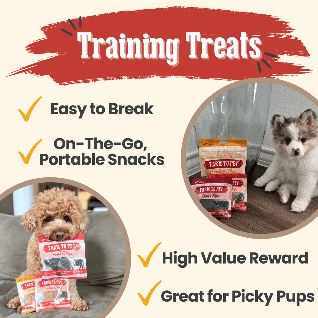 Training treats graphic featuring Farm to Pet snack bags with dog and chip packages