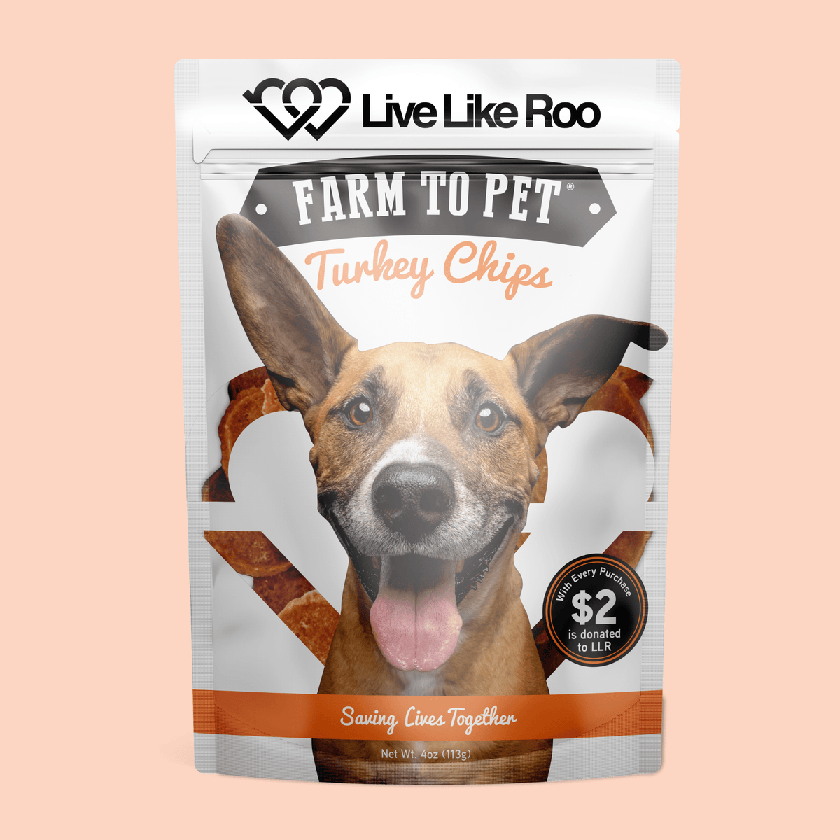 Live Like Roo turkey chips dog treats pouch, white bag with dog photo and farm-to-pet label