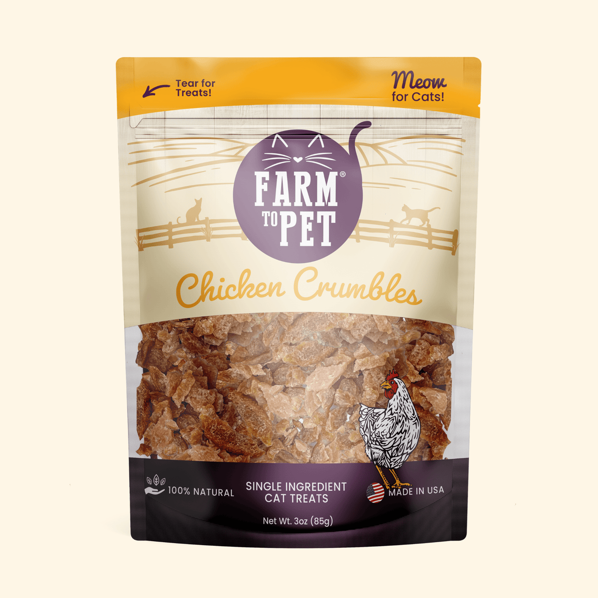 Farm Pet chicken crumbles cat treats pouch, single-ingredient chicken, 3 oz