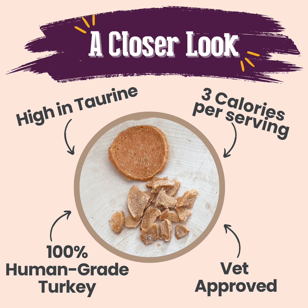 Turkey crumble pieces on a paper liner, with a circular treat close-up