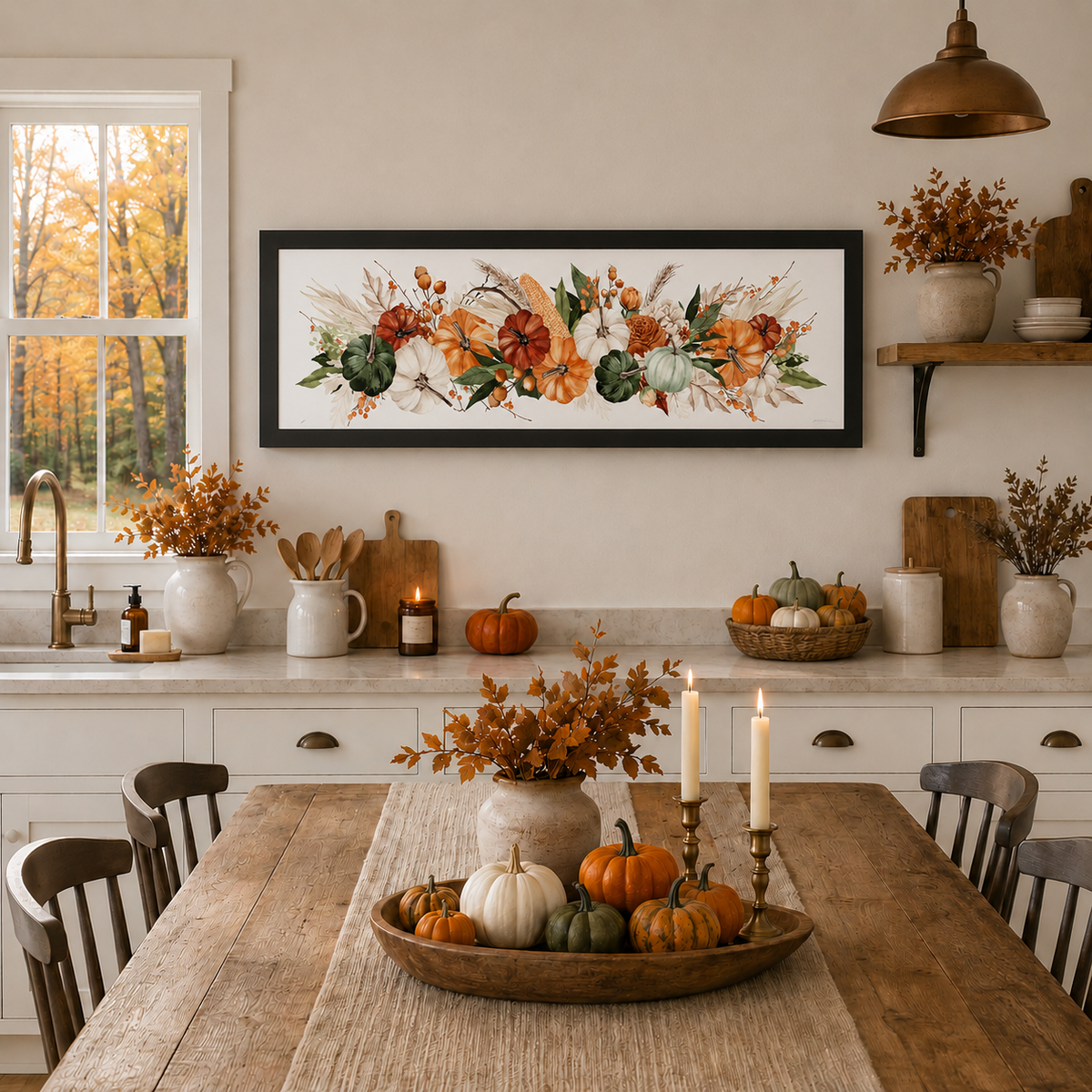 Wide landscape framed wall art with watercolor pumpkins, corn, and wheat in autumn tones