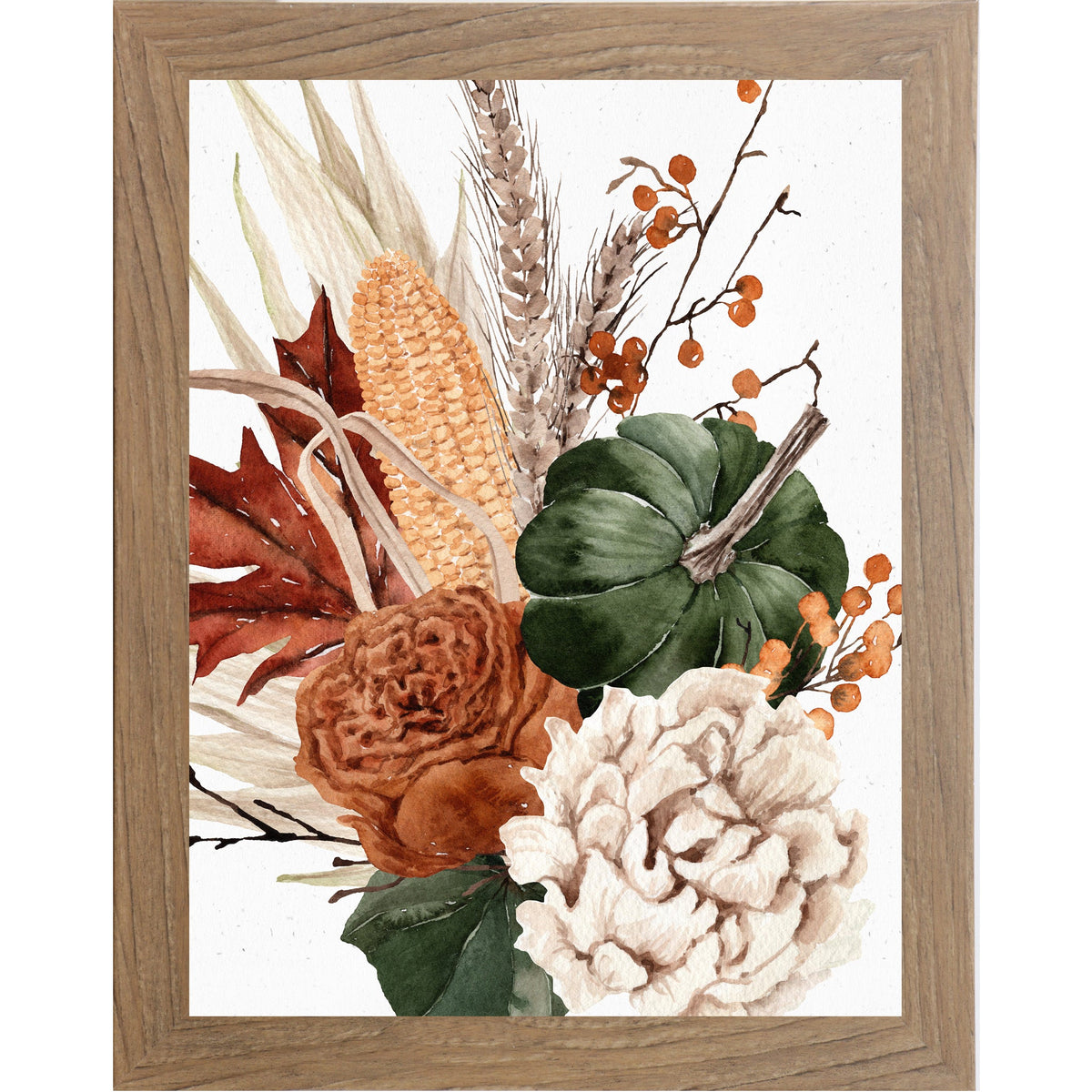 Framed watercolor autumn pumpkin, corn, wheat and foliage wall art with natural brown frame