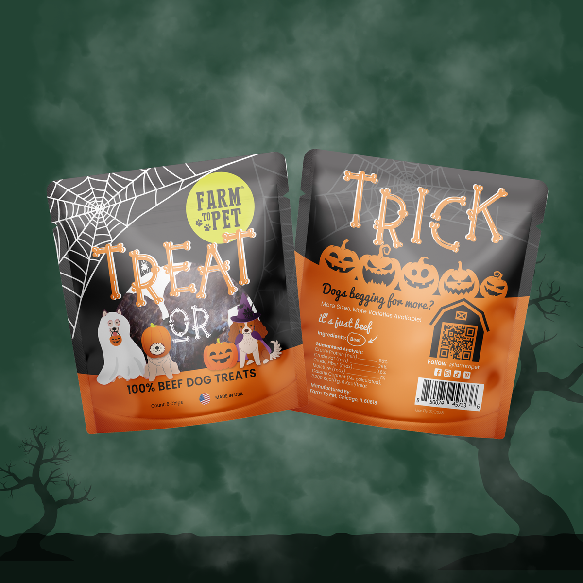 Two Halloween dog treat pouches with Farm Pet Trick or Treat Halloween designs