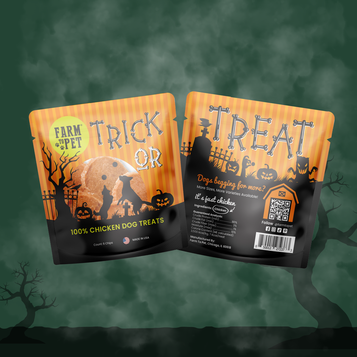 Two Halloween dog treat pouches, Farm Pet Trick or Treat chicken and fish