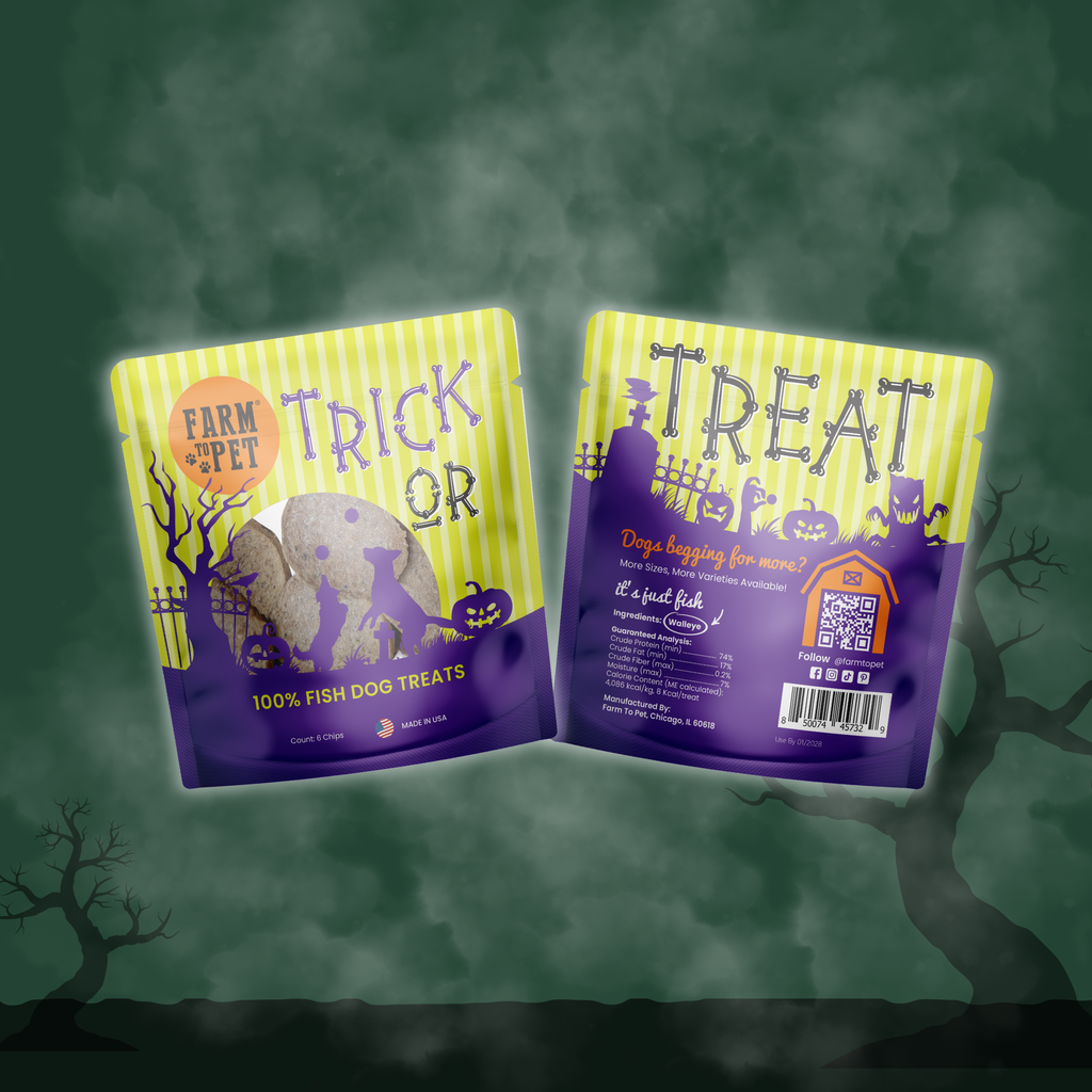 Two Halloween dog treat pouches with Farm Pet Trick or Treat purple and green designs