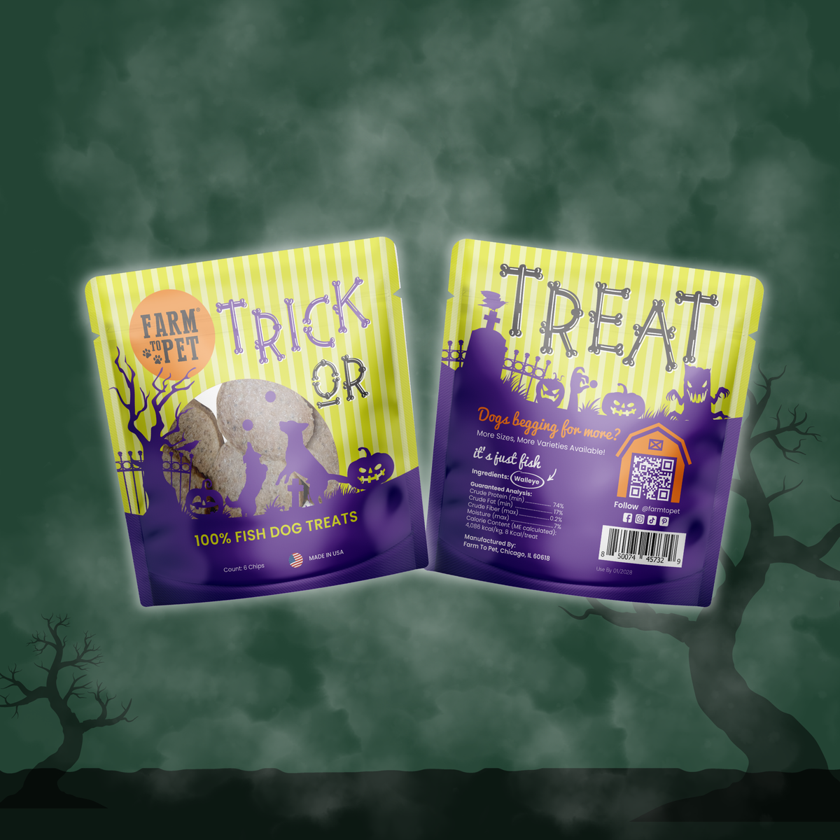 Two Halloween dog treat pouches with Farm Pet Trick or Treat purple and green designs