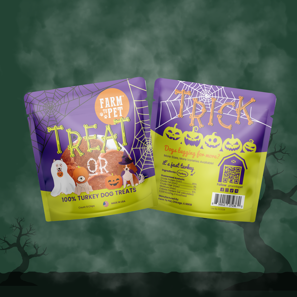 Two Halloween dog treat pouches with Farm Pet Trick or Treat turkey-themed designs